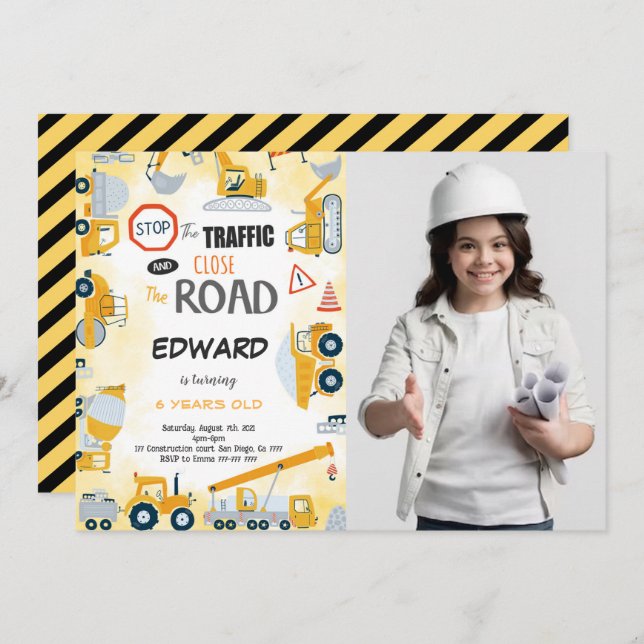 Convite Fotográfico do 5 Birthday Construction Boy (Frente/Verso)