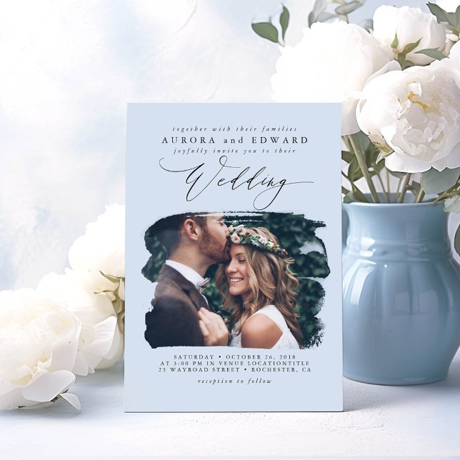 Convite Fotográfico Dusty Blue Modern Boho (Elegant Minimalist Wedding Photo Invitations in a Dusty Blue Color)