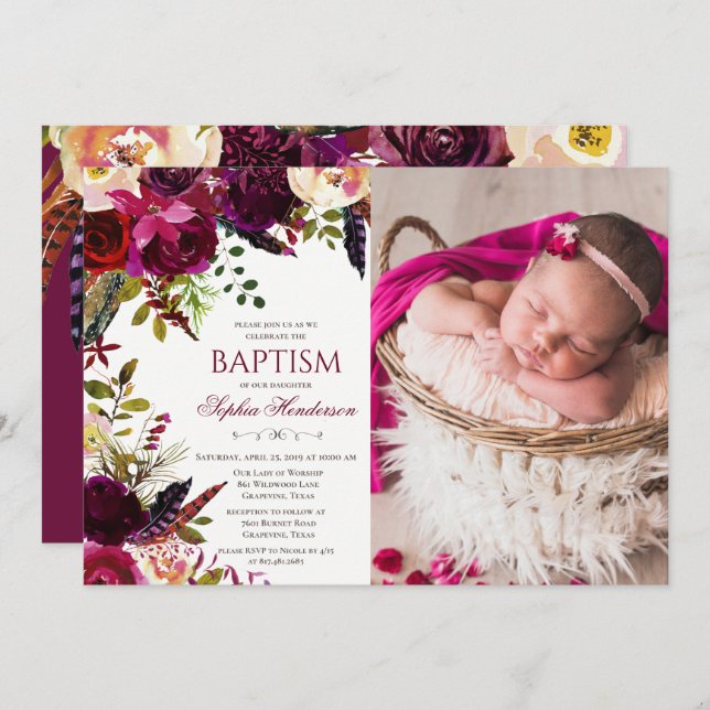 Convite Fotográfico Floral Baptism (Frente/Verso)