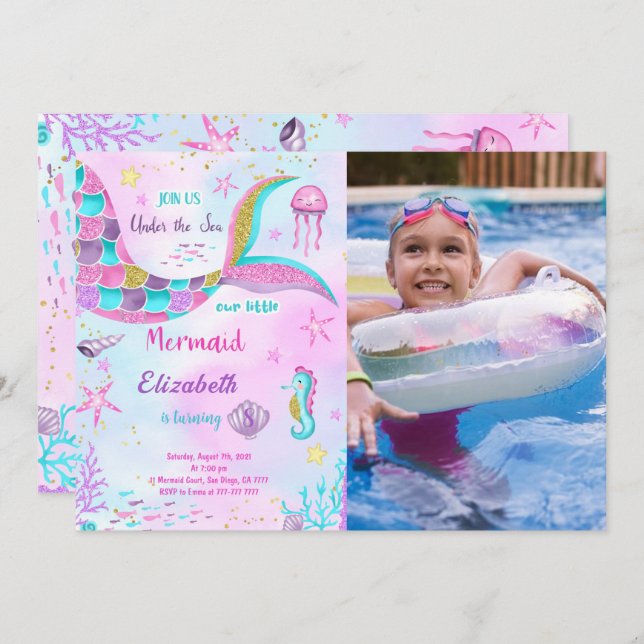 Convite Fotográfico Sereia de Aniversário (Frente/Verso)