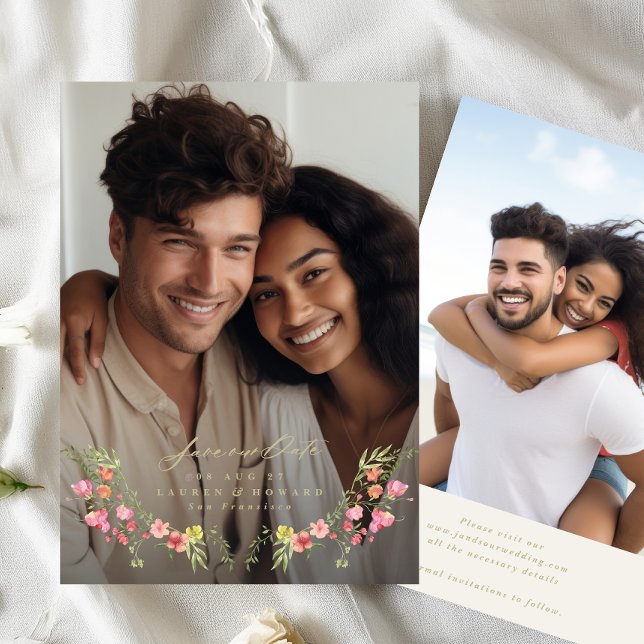 Convite fotograma sutil floral salve a data do casamento (Criador carregado)