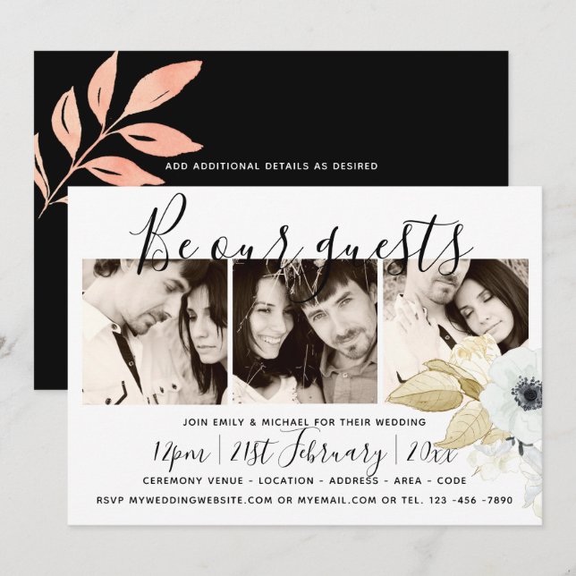 Convite Fotos Azul de Aço x 3 Casamento Manuscrito Moderno (Frente/Verso)