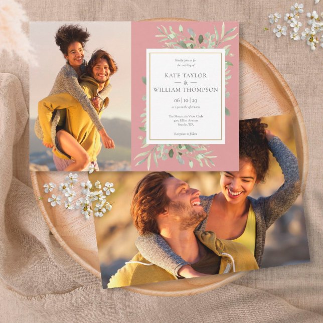 Convite Fotos Botânicas de Verde Rosa Sujo Casamento (Criador carregado)