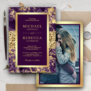 Convite Fotos Casamento com Brilho Dourado Mármore Roxo