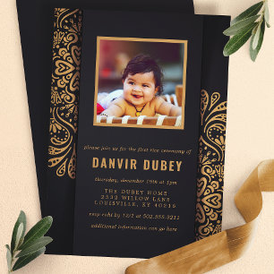 Convite Fotos da Cerimônia de Annaprashan Black Gold First