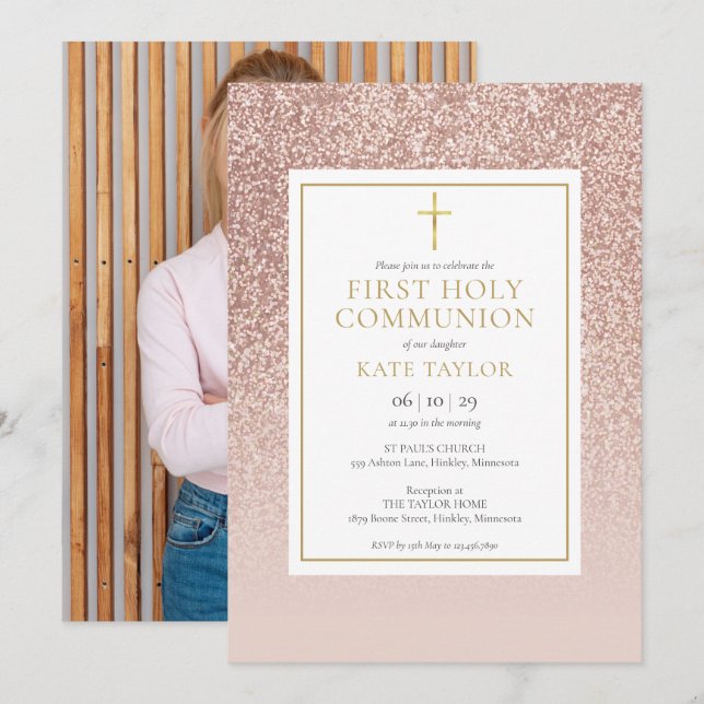 Convite Fotos da Primeira Comunhão com Brilho em Rose Gold (Frente/Verso)