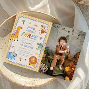 Convite Fotos de Aniversário de 3 Anos de Menino com Anima
