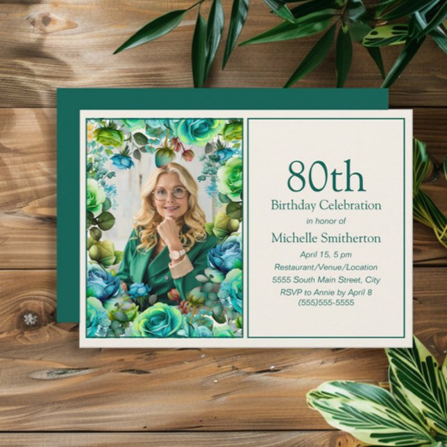 Convite Fotos de Aniversário de 80 anos com Flores Moderna (Blue and green watercolor floral photo birthday party invitation)
