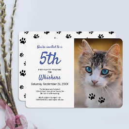Convite Fotos de Aniversário de Pet Azul com Pegadas Preta
