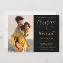 Convite Fotos de assinatura preta e dourada para casamento