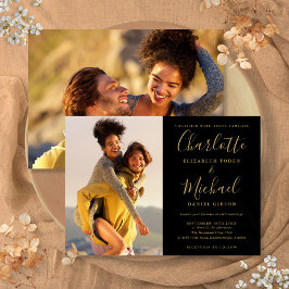 Convite Fotos de assinatura preta e dourada para casamento