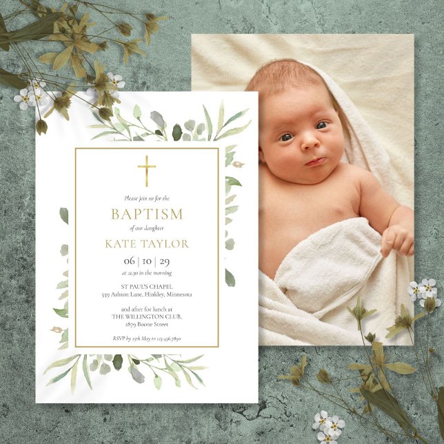 Convite Fotos de Batismo Verde Dourado (Greenery Gold Baptism Christening Photo Invitation)