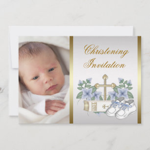 Convite Fotos de Batizado de Bebê Menino Branco Azul Doura