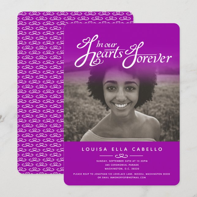 Convite Fotos de cardíacos, fotos de funeral roxo rosa (Frente/Verso)