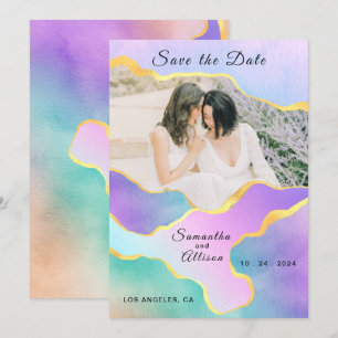 Convite Fotos de Casamento Arco-íris LGBT Dourado Save the