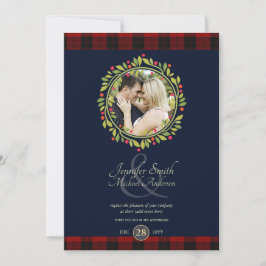 Convite Fotos de casamento azul marinho de Natal Xadrez de