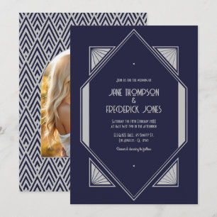 Convite Fotos de casamento azul tinta e prata art déco