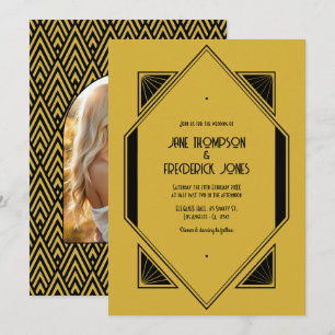 Convite Fotos de Casamento Champagne Gold & Noir Art Deco