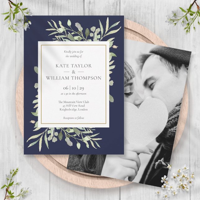 Convite Fotos de casamento com folhas verde azul-marinho (Navy Blue Greenery Leaves Photo Wedding Invitation)
