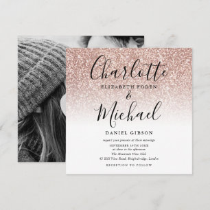 Convite Fotos de Casamento com Glitter Rosa Simples e Letr