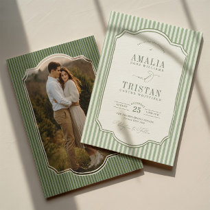 Convite Fotos de casamento com listras em verde-sage vinta