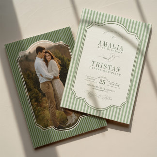 Convite Fotos de casamento com listras em verde-sage vinta