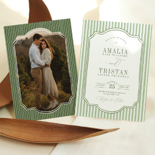 Convite Fotos de casamento com listras em verde-sage vinta