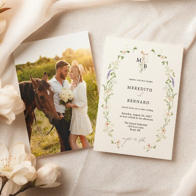Convite Fotos de casamento com monograma de flores silvest (Criador carregado)