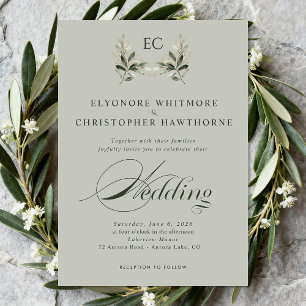 Convite Fotos de casamento com monograma de ramo de olivei