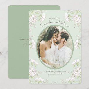 Convite Fotos de casamento com rosa branca em verde salvia