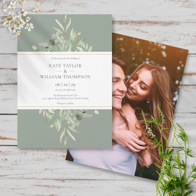 Convite Fotos de casamento com verde eucalipto Sage (Criador carregado)