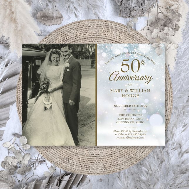 Convite Fotos de casamento de flocos de neve de inverno do (50th Anniversary Winter Snowflakes Wedding Photo Invitation)