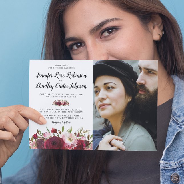 Convite Fotos de casamento de flores de Borgonha com tom r (Criador carregado)