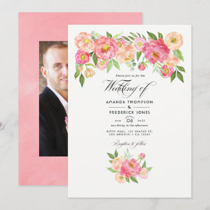 Convite Fotos de casamento de peônias em aquarela rosa pas