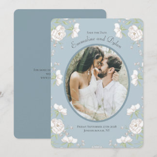 Convite Fotos de casamento de rosa branca azul empoeirada