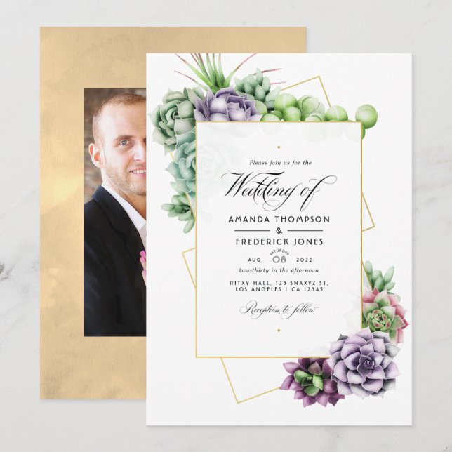 Convite Fotos de Casamento de Suculentas Geométricas (Frente/Verso)