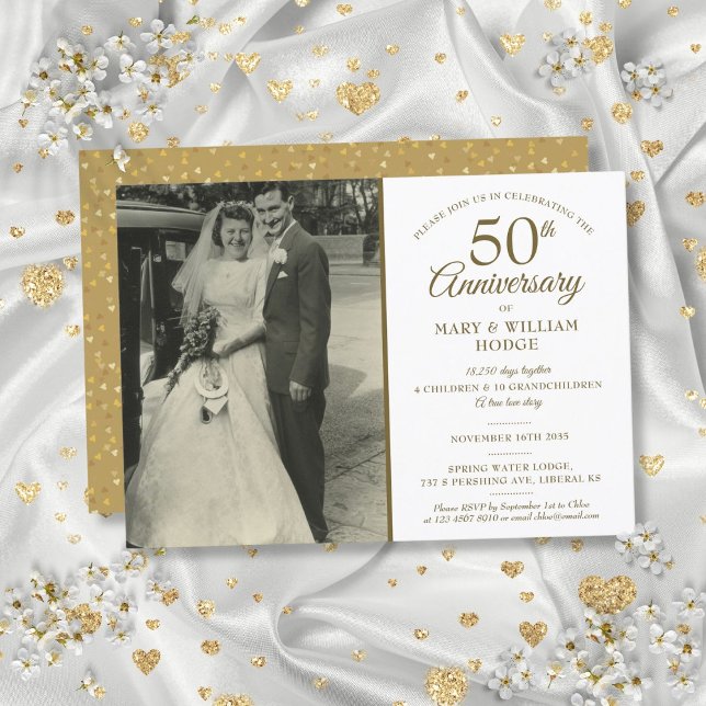 Convite Fotos de casamento do 50º aniversário de bodas (50th Golden Anniversary Memories Wedding Photo Invitation)