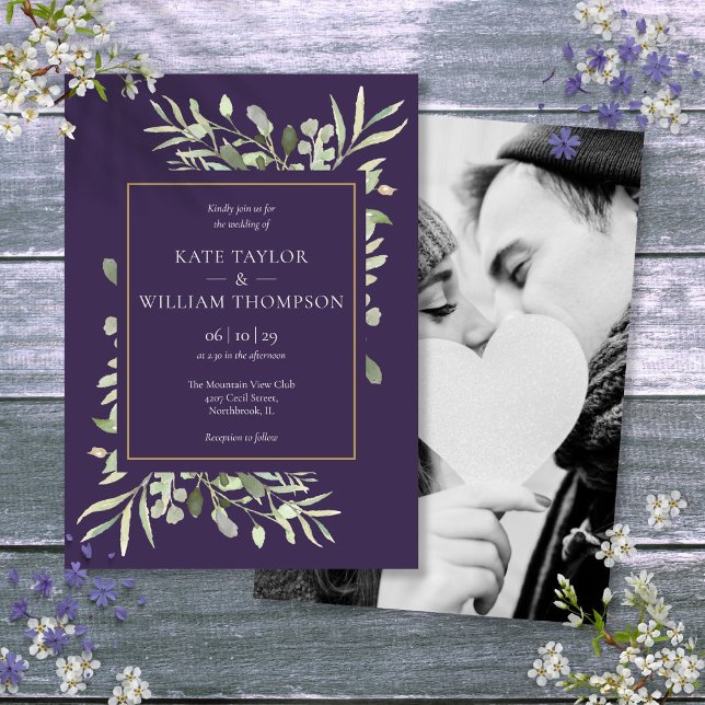 Convite Fotos de casamento douradas com lavanda roxa e fol (Purple Lavender Greenery Gold Photo Wedding Invitation)