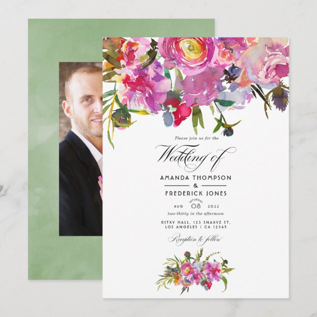 Convite Fotos de casamento em aquarela com peônias rosa vi (Frente/Verso)
