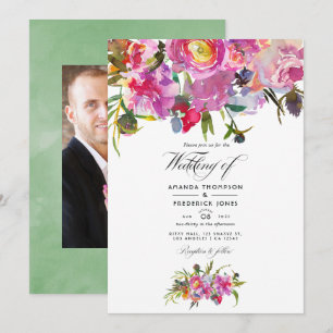 Convite Fotos de casamento em aquarela com peônias rosa vi