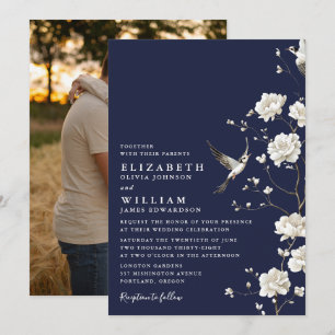 Convite Fotos de casamento em jardim floral azul-marinho e