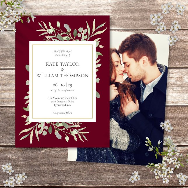 Convite Fotos de casamento em verde com aquarela em Borgon (Burgundy Watercolor Greenery Photo Wedding Invitation)