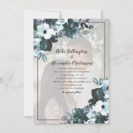 Convite Fotos de Casamento Florais em Azul Crepuscular Emp