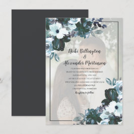 Convite Fotos de Casamento Florais em Azul Crepuscular Emp