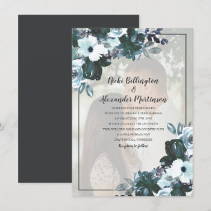 Convite Fotos de Casamento Florais em Azul Crepuscular Emp
