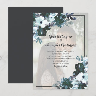 Convite Fotos de Casamento Florais em Azul Crepuscular Emp