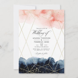 Convite Fotos de casamento geométricas em aquarela azul-ma