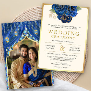 Convite Fotos de Casamento Hindu Indiano Floral Dourado Az