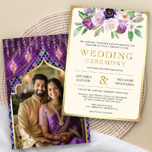 Convite Fotos de Casamento Hindu Indiano Floral Dourado Ro