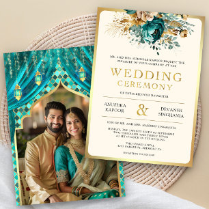 Convite Fotos de Casamento Hindu Indiano Floral Dourado Tu